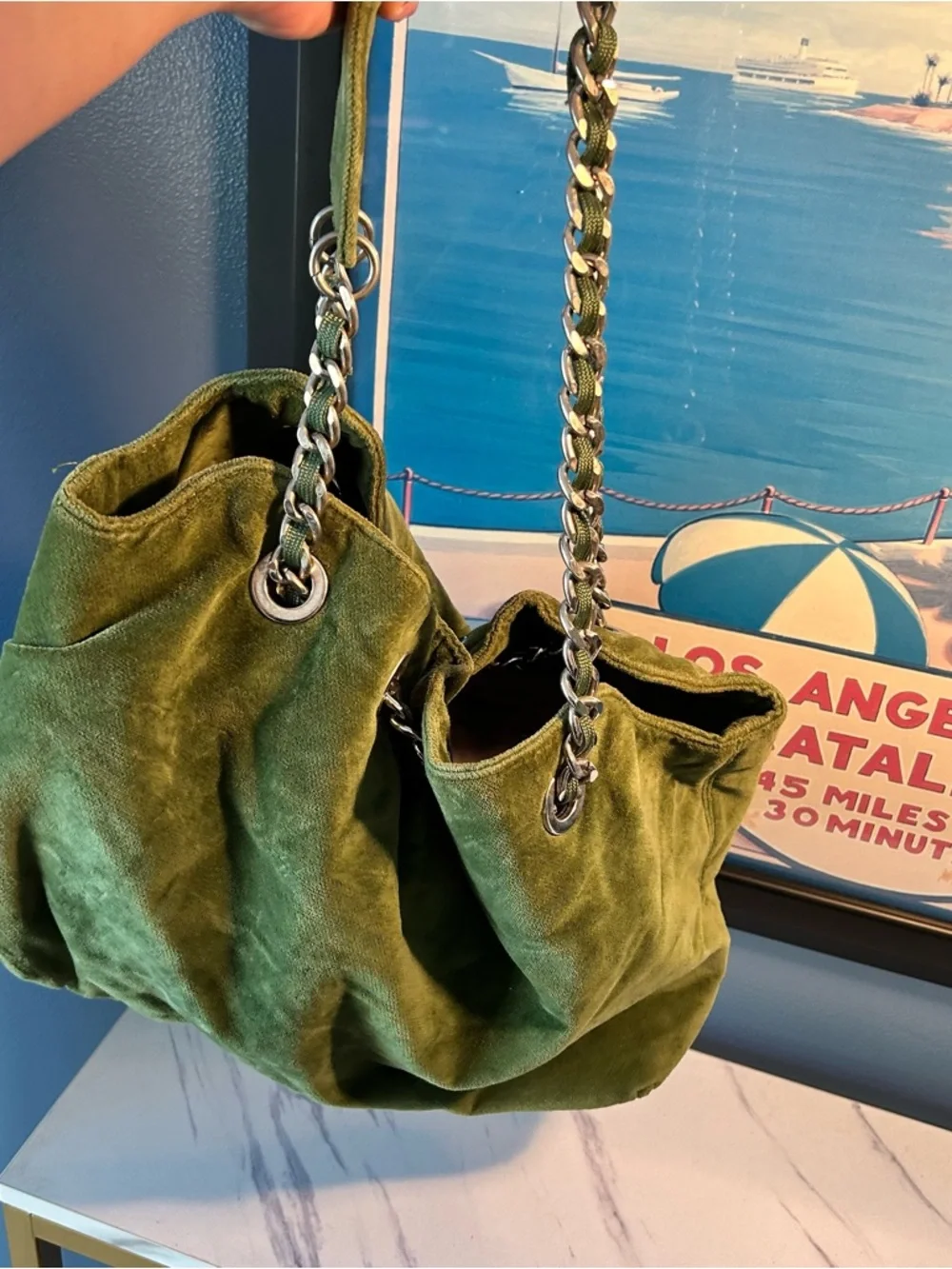 Buffalo David Bitton Olive Green Suede Hobo Bag with Chain Straps